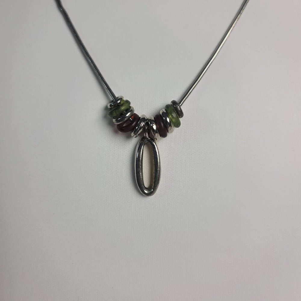 Silver Tone Snake Chain Necklace Oval Hoop Green Burgundy Beads Chic Minimalist - Picture 3 of 5